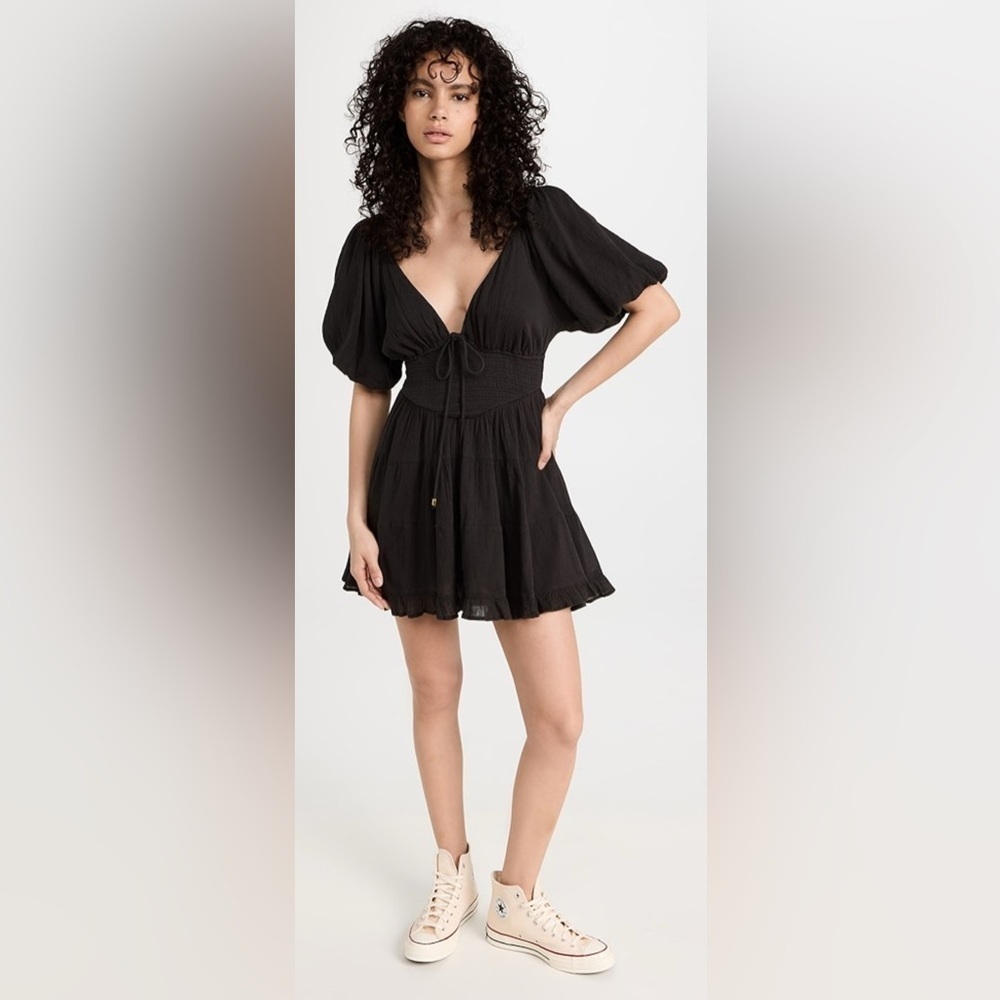 Free People Off Shoulder Puff Sleeve Smocked Mini Dress Black Size: XS